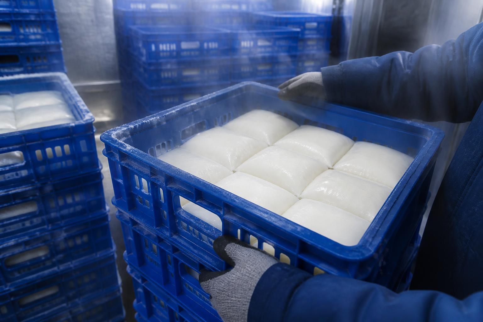 Crates of chilled milk packs inside a cold-chain dispatch bay