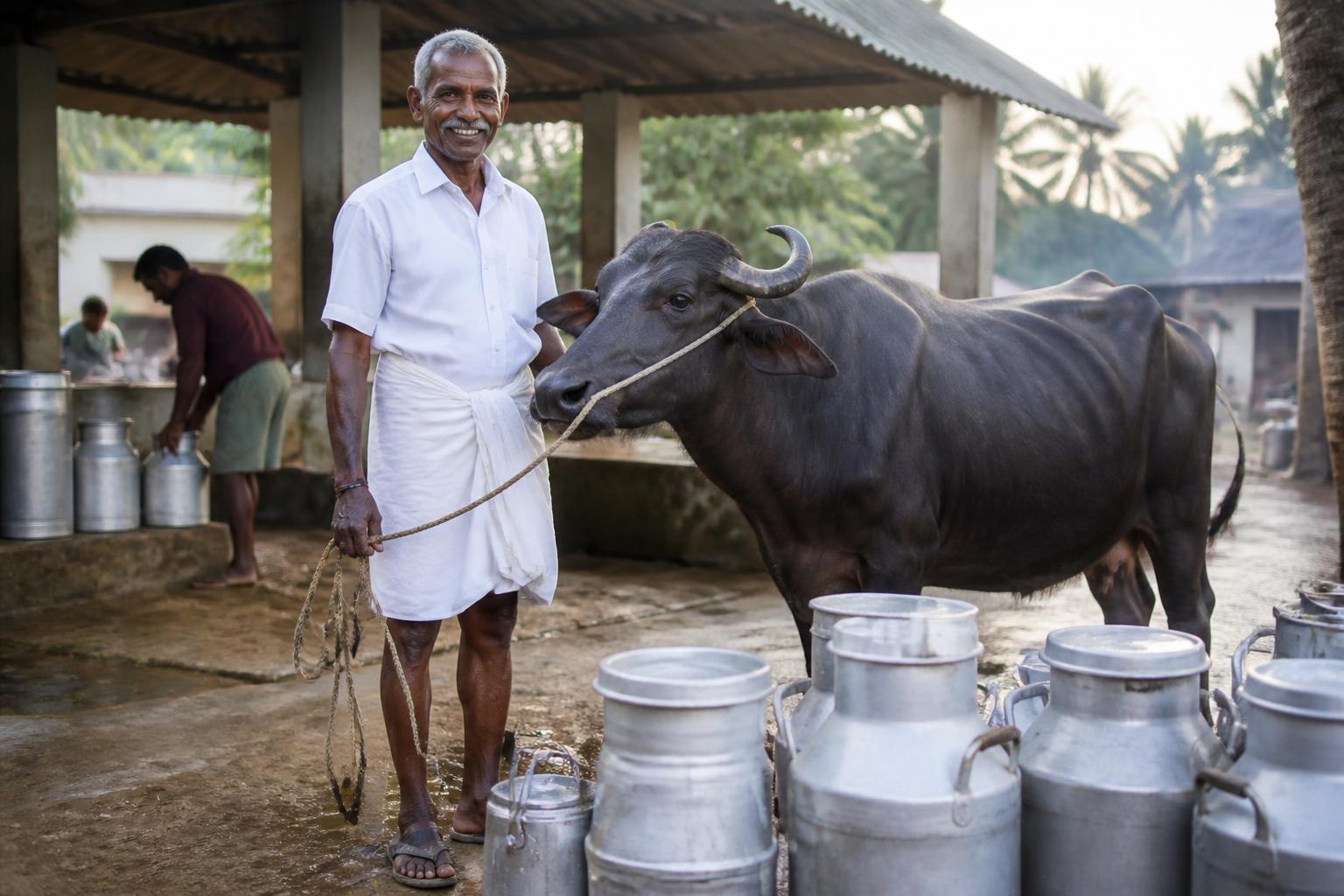 A farmer with his buffalo at a village milk collection centre