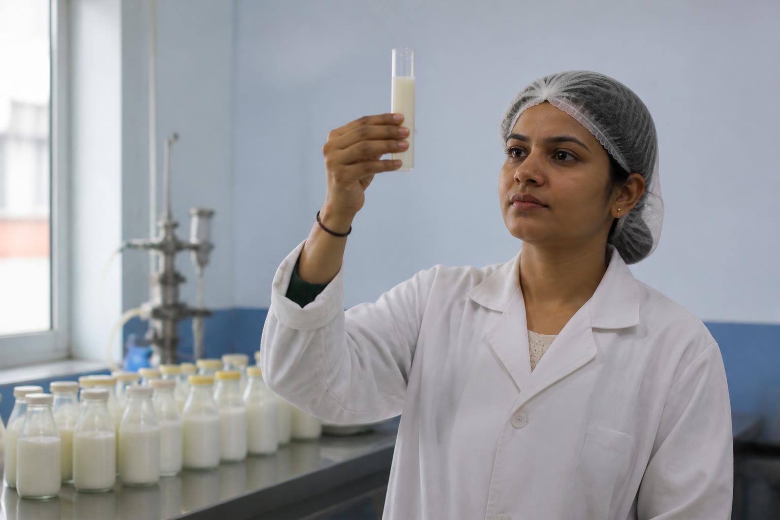 A lab technician testing milk samples at the Andhra Dairy quality lab
