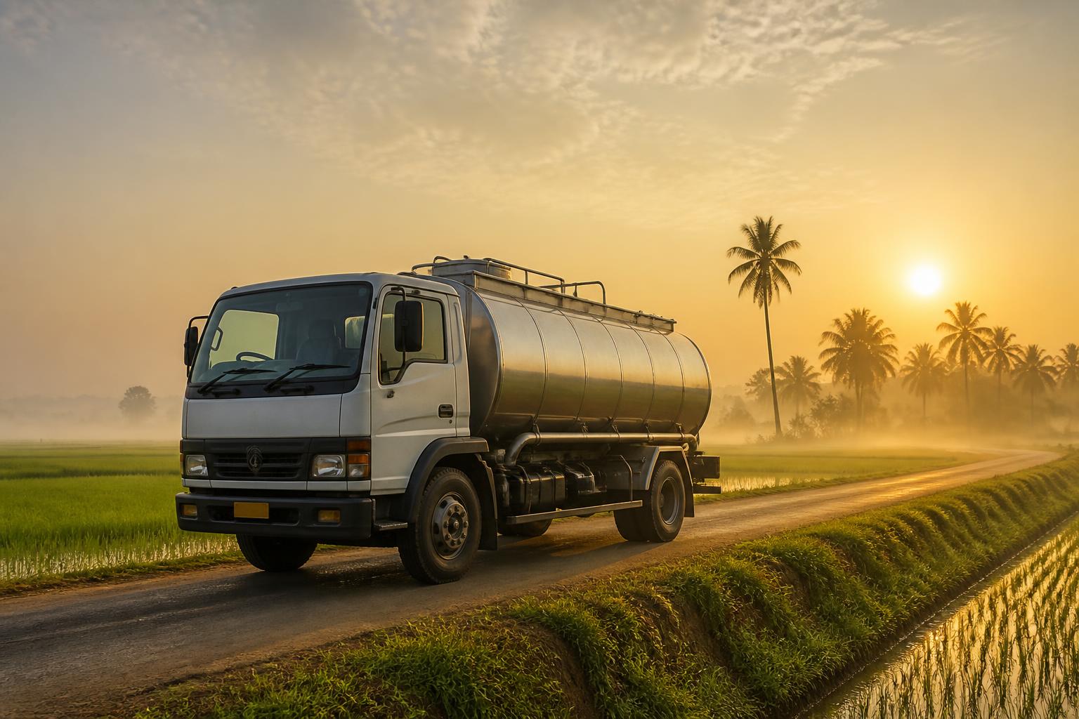 An insulated Andhra Dairy milk tanker on a village road at dawn