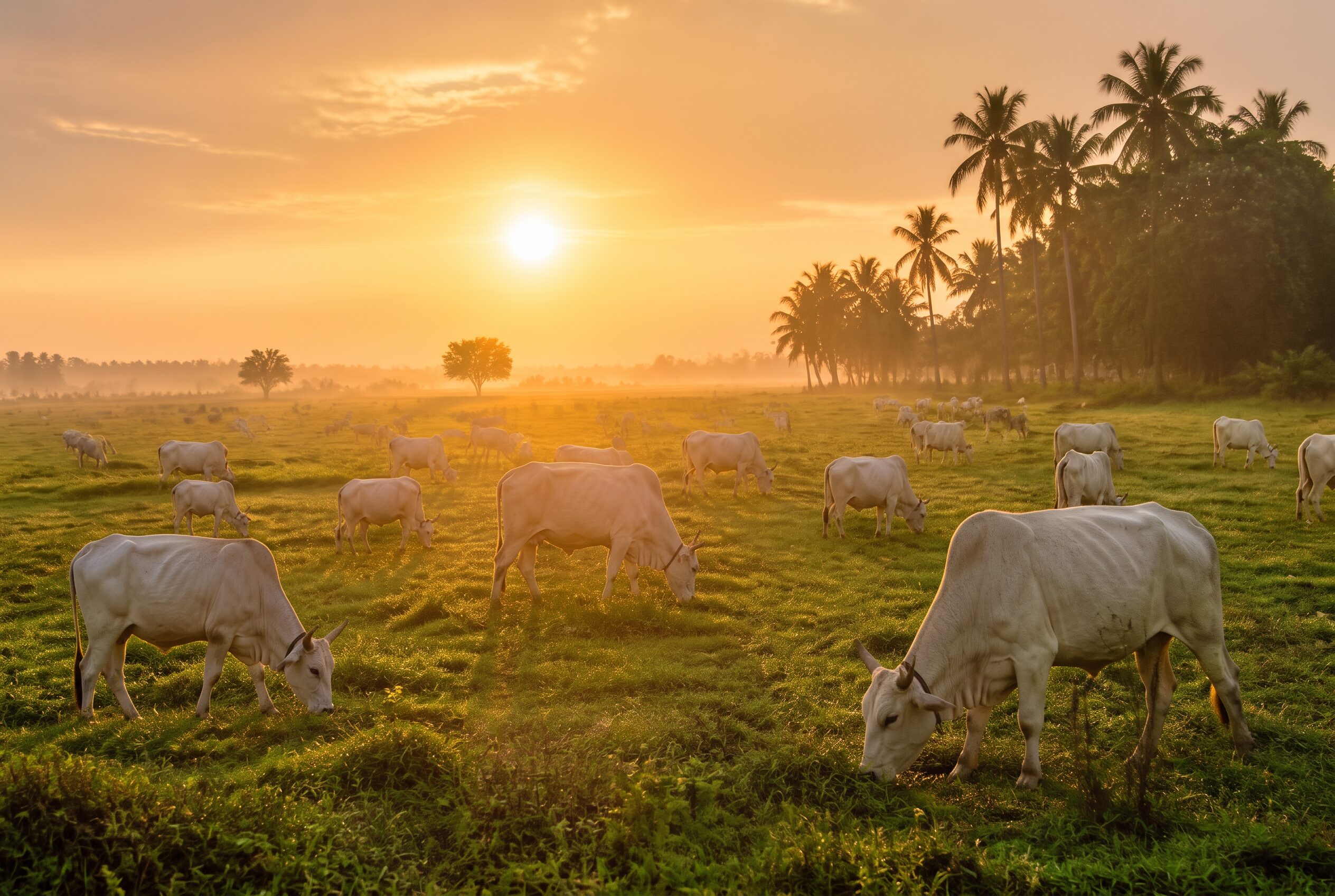 Cows grazing at sunrise on pastures supplying Andhra Dairy