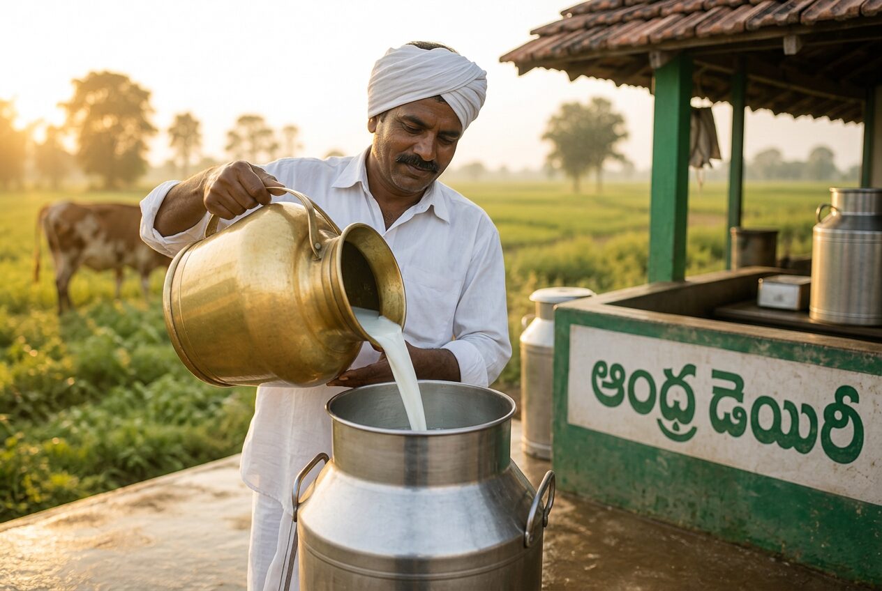 Andhra Dairy farmer at a village milk collection centre